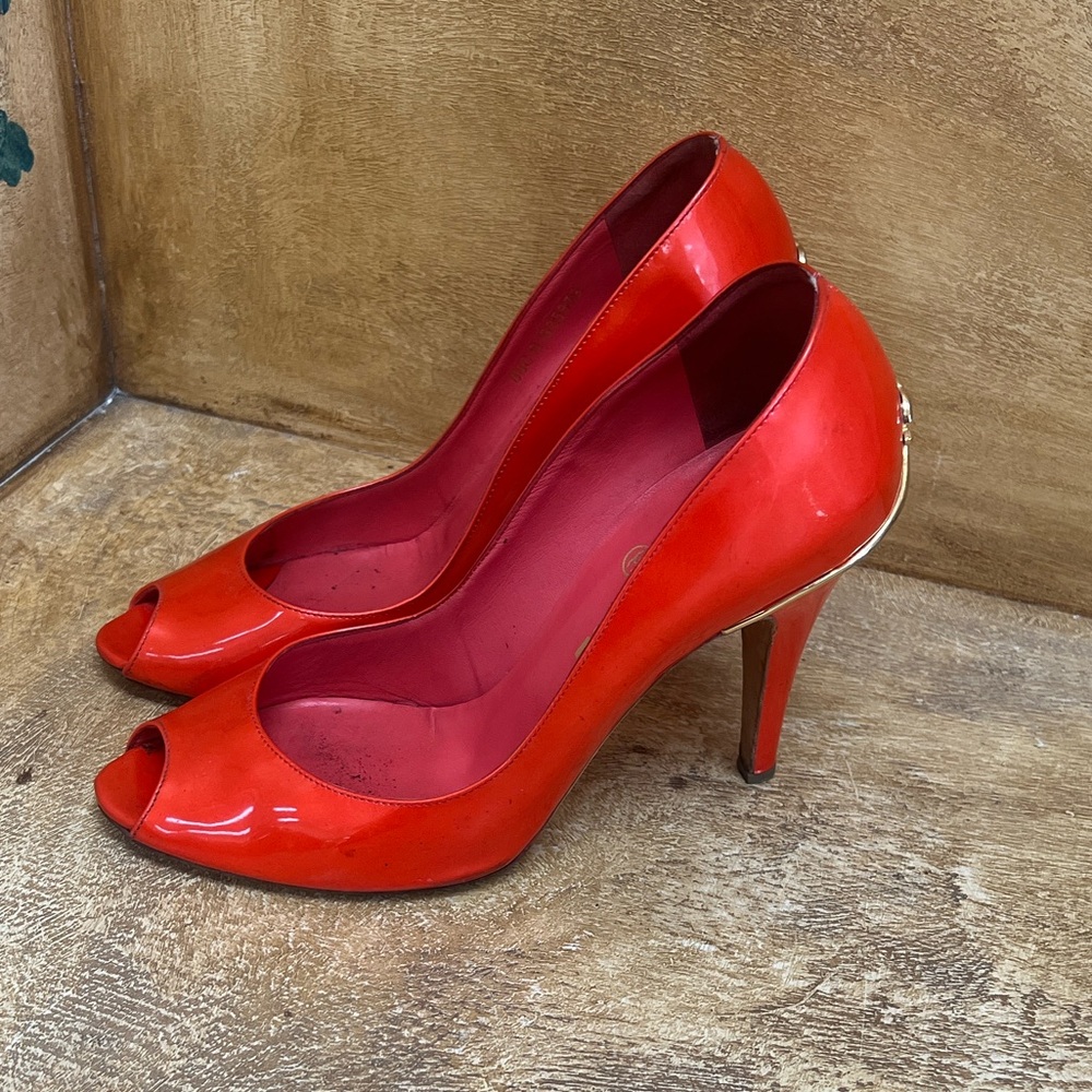 CHANEL Glossy Orange Peep-Toe Heels